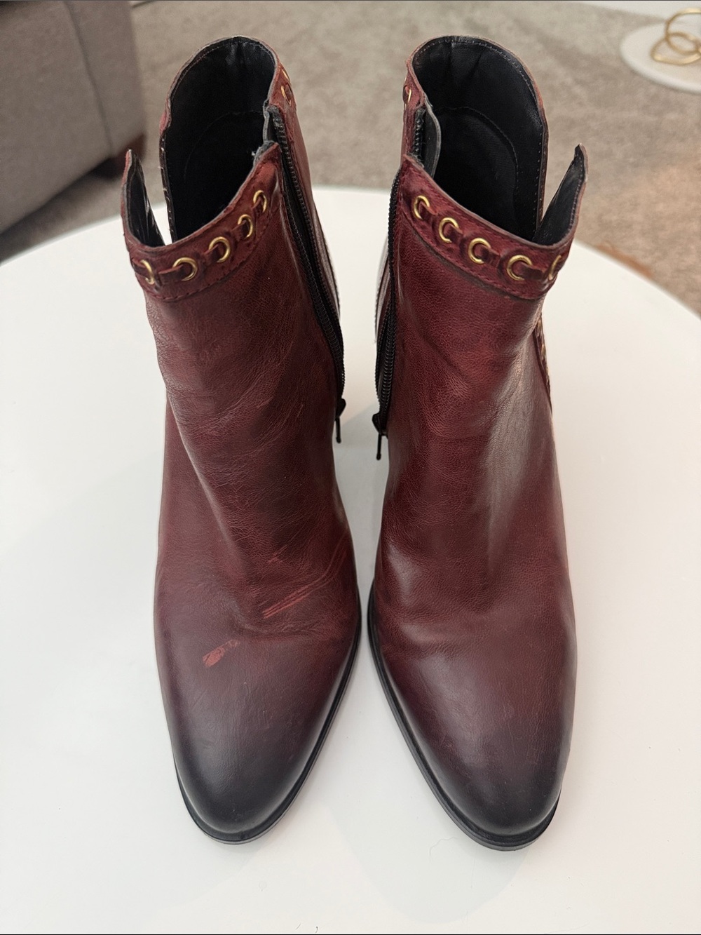 Women's Burgundy Leather Ankle Booties with Gold Eyelet Accent